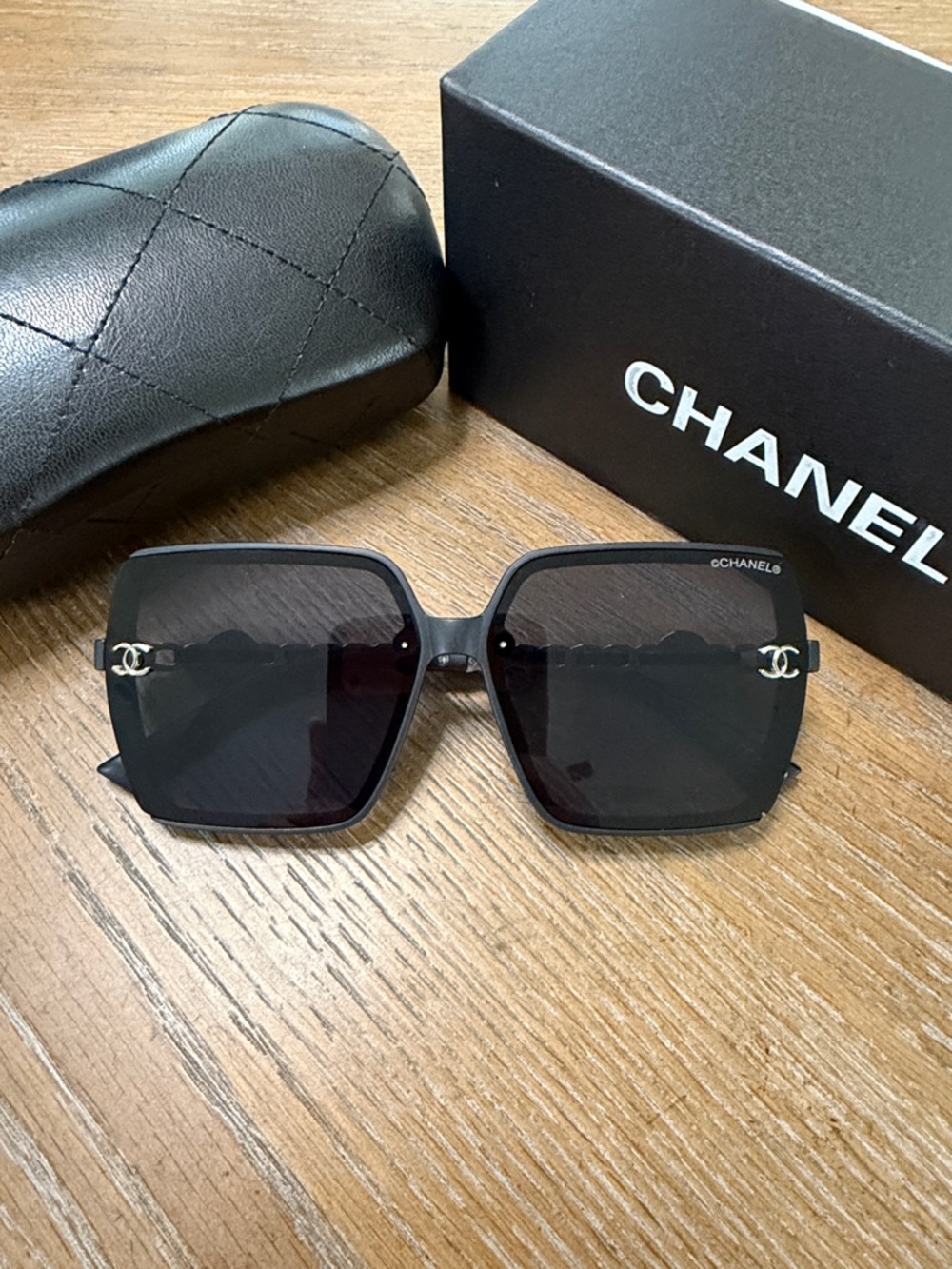 Chanel Women’s Black and Silver Square Sunglasses with CC Logo